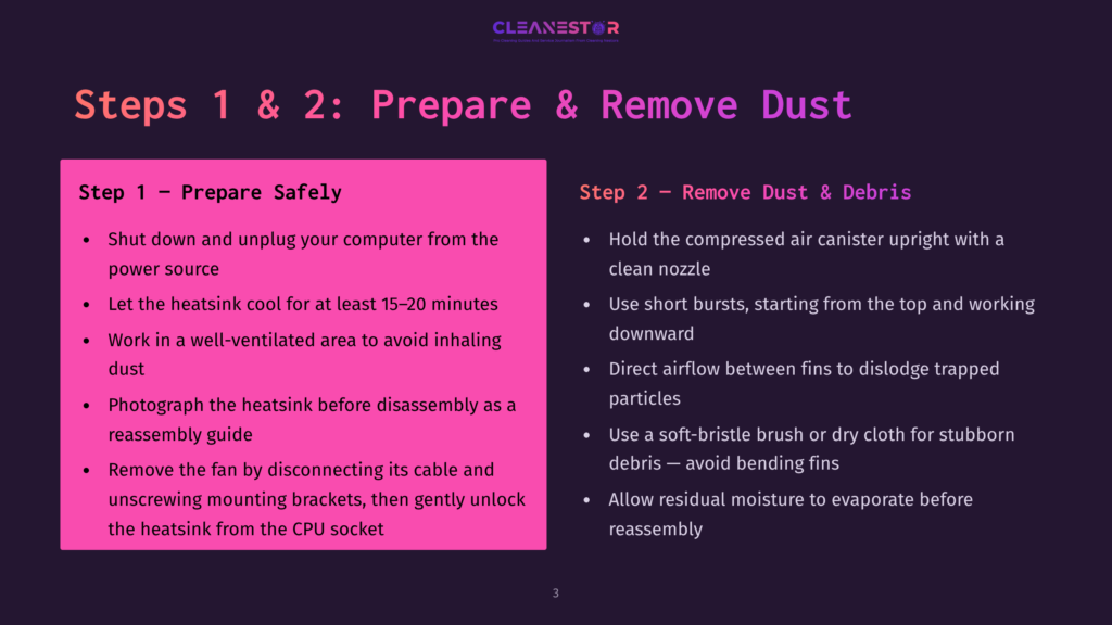 Slide Titled &Quot;Steps 1 &Amp; 2: Prepare &Amp; Remove Dust&Quot; From Cleanestor, Detailing How To Safely Prepare A Computer For Dust Removal And The Steps For Removing Dust Using Compressed Air And A Soft Brush.