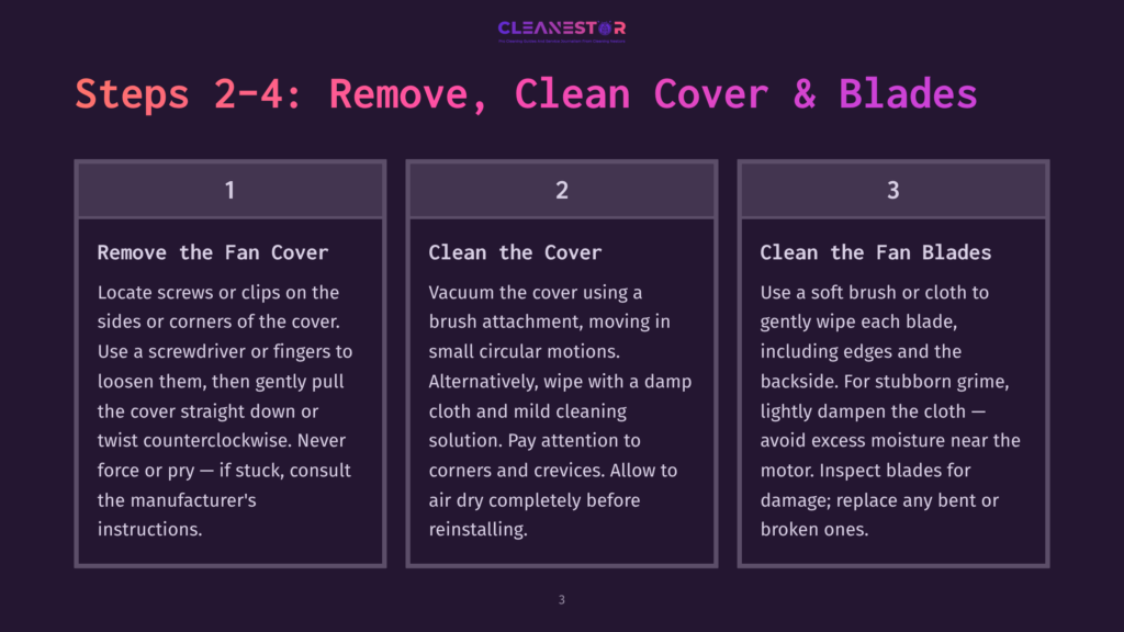 Steps 2-4: Remove, Clean Cover &Amp; Blades: Step 1: Remove The Fan Cover. Step 2: Clean The Cover. Step 3: Clean The Fan Blades. Instructions For Cleaning A Fan.