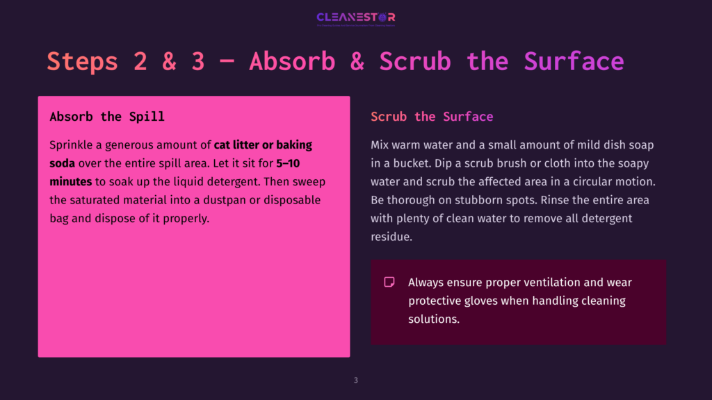 A Purple Background With Instructions For Absorbing And Scrubbing A Spill, With A Pink Box Containing Text About Sprinkling Cat Litter Or Baking Soda And Letting It Sit For 5-10 Minutes.