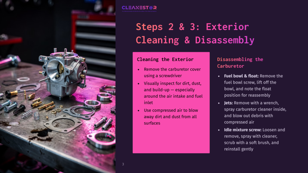 Close-Up Of A Disassembled Carburetor On A Workbench, With Various Metal Parts And Gaskets Scattered Around. Text Overlay Reads &Quot;Cleanestor&Quot; And &Quot;Steps 2 &Amp; 3: Exterior Cleaning &Amp; Disassembly&Quot;.