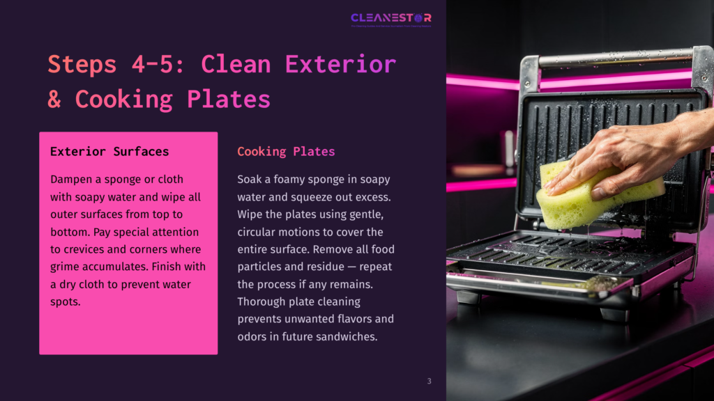 Close-Up Of A Person'S Hands Cleaning A Black Electric Grill With A Yellow Sponge, Demonstrating Steps 4-5 For Cleaning Exterior Surfaces And Cooking Plates.