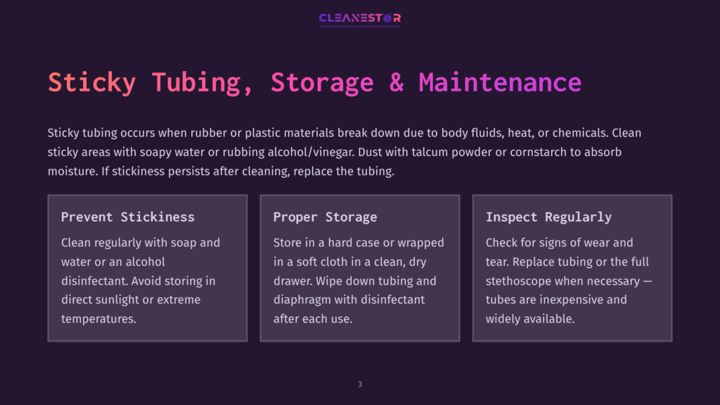 A Dark Purple Background With Three White Text Boxes. The Title &Quot;Sticky Tubing, Storage &Amp; Maintenance&Quot; Is At The Top. The Boxes Are Titled &Quot;Prevent Stickiness&Quot;, &Quot;Proper Storage&Quot;, And &Quot;Inspect Regularly&Quot;, With Bulleted Advice Below Each.