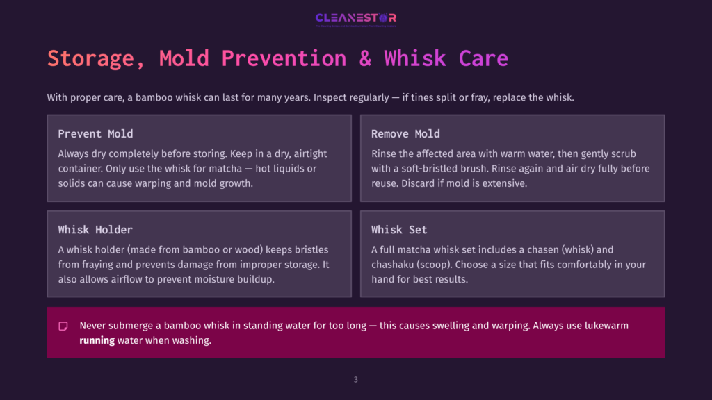 A Webpage Section Titled &Quot;Storage, Mold Prevention &Amp; Whisk Care&Quot; With A Bamboo Whisk Care Guide. The Section Includes Instructions On Drying, Removing Mold, And Using A Whisk Holder. A Warning Is Displayed About Not Submerging A Bamboo Whisk In Water For Too Long.