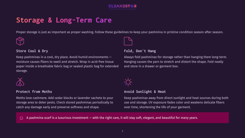 Cleanestor Logo Above A Graphic With Four Sections Detailing How To Store And Protect Pashmina Scarves: &Quot;Store Cool &Amp; Dry,&Quot; &Quot;Fold, Don'T Hang,&Quot; &Quot;Protect From Moths,&Quot; And &Quot;Avoid Sunlight &Amp; Heat.