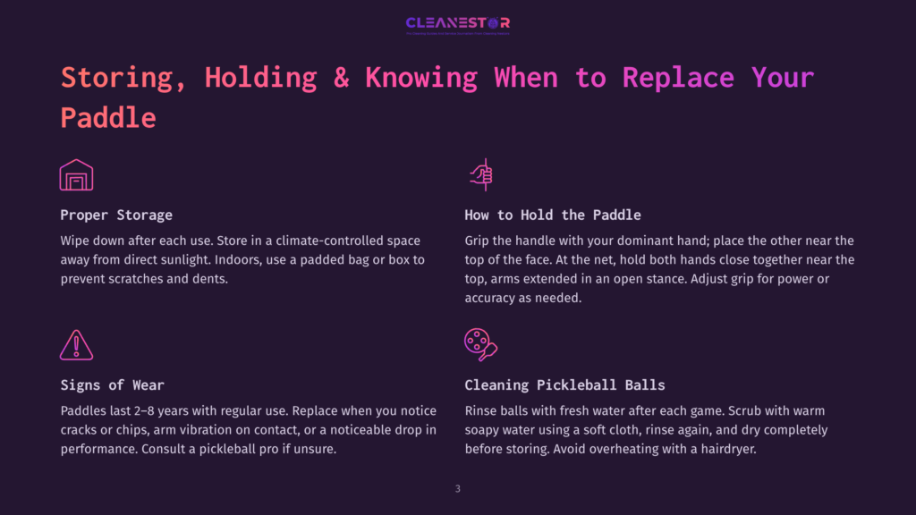 Infographic Titled &Quot;Storing, Holding &Amp; Knowing When To Replace Your Paddle&Quot; With Sections On Proper Storage, Holding The Paddle, Signs Of Wear, And Cleaning Pickleball Balls.