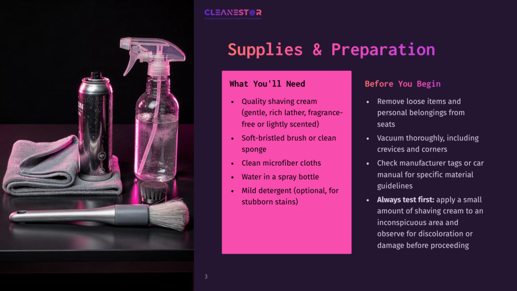 Image Showing Various Grooming Supplies: A Bottle Of Quality Shaving Cream, A Soft-Bristled Brush, Clean Sponge, Clean Microfiber Cloths, Water In A Spray Bottle, And Mild Detergent, With A Black Background And A Pink Accent.