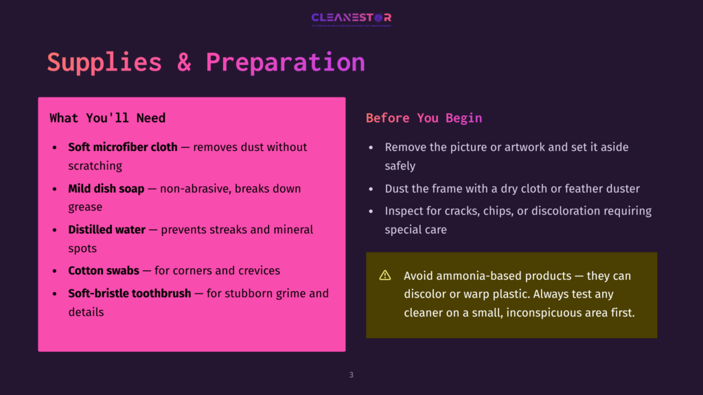A Slide Titled &Quot;Supplies &Amp; Preparation&Quot; Lists Cleaning Supplies Like Soft Microfiber Cloth, Mild Dish Soap, Distilled Water, Cotton Swabs, And A Soft-Bristle Toothbrush, With Preparation Tips For Cleaning Electronics.