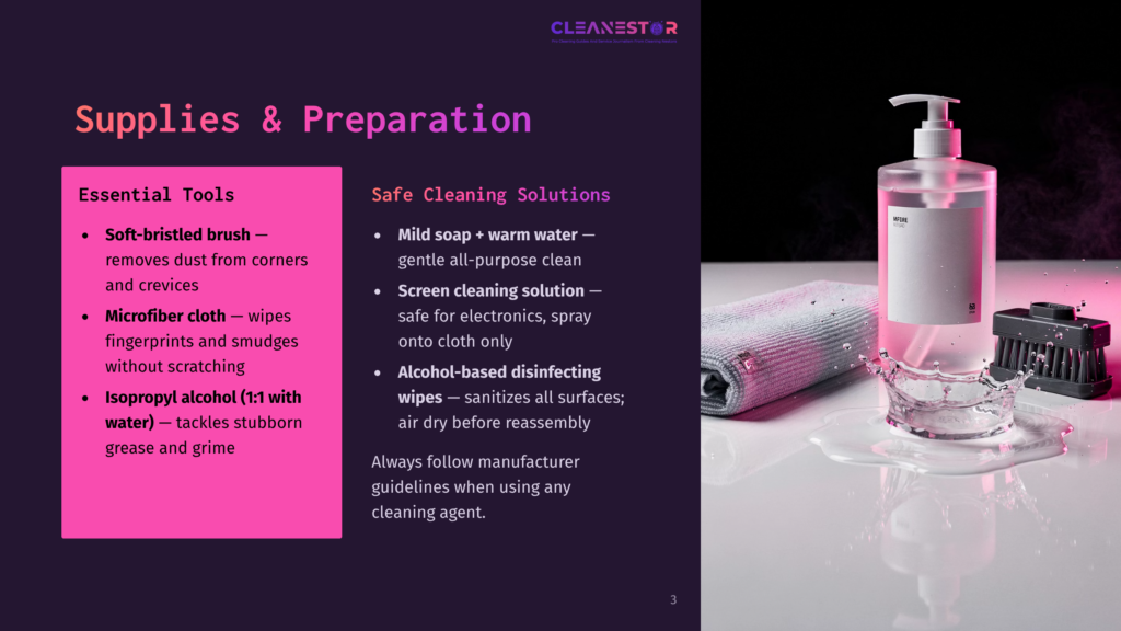 A Cleaning Spray Bottle And Microfiber Cloth Are Shown With Water Splashing Around Them, Next To A Brush. Text Lists Cleaning Supplies And Preparation Steps.