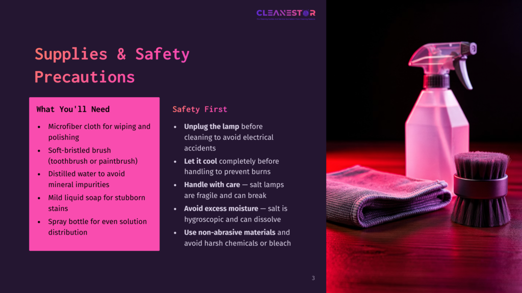 Supplies And Safety Precautions For Cleaning: Microfiber Cloth, Soft-Bristled Brush, Distilled Water, Mild Liquid Soap, And A Spray Bottle Sit Next To A Cleaning Spray Bottle And A Cleaning Brush On A Dark Wooden Table.