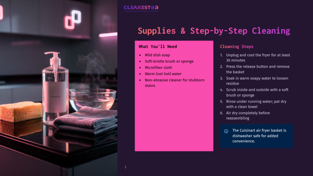 3 Supplies And Step By Step Cleaning 1 Infographic Showing A Black Countertop With Cleaning Supplies, Including A Bottle Of Mild Dish Soap, A Bowl, Sponge, And Towels. Text Lists Items Needed And Step-By-Step Cleaning Instructions For A Cuisinart Air Fryer Basket.
