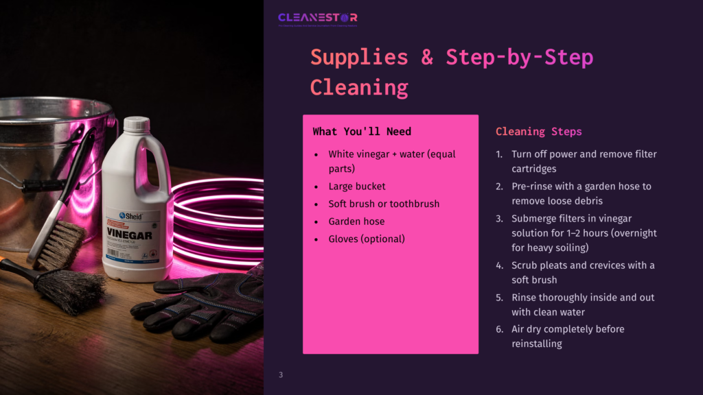 3 Supplies And Step By Step Cleaning A Cleaning Supplies Flat Lay Includes A Bucket, White Vinegar Bottle, Garden Hose, And Gloves, With A Pink And Purple Graphic Overlay Listing Cleaning Steps And Supplies.