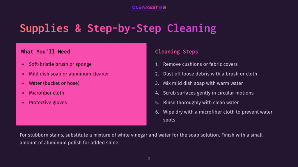 A Detailed Guide On Cleaning Supplies And Step-By-Step Cleaning Instructions On A Dark Background. Text Lists Supplies Such As A Soft-Bristle Brush Or Sponge And Cleaning Steps, Including Removing Cushions And Scrubbing Surfaces.