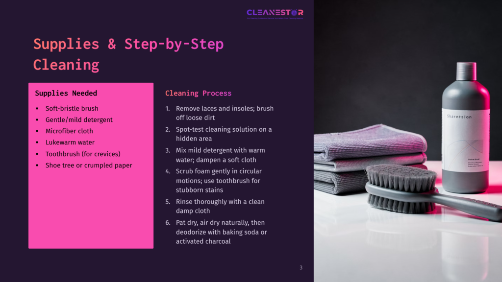 Cleanestor Shoe Cleaning Supplies: Soft-Bristle Brush, Microfiber Cloth, And Shoe Tree Next To A Bottle Of Shoe Cleaner. Step-By-Step Cleaning Instructions Are Listed On The Left.