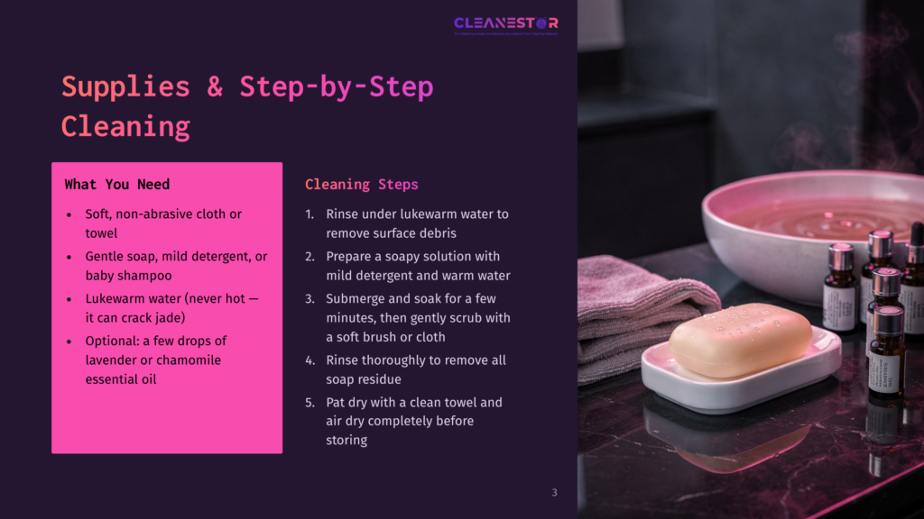 3 Supplies And Step By Step Cleaning 5 A Close-Up Of A Bar Of Soap Resting On A White Towel, With Small Bottles Of Essential Oils And A Bowl Of Water In The Background. Text On The Left Lists &Quot;Supplies &Amp; Step-By-Step Cleaning&Quot; And Cleaning Steps.