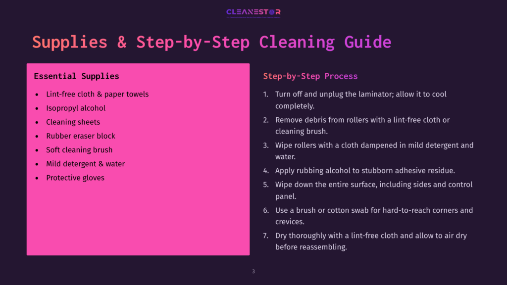 Supplies And Step-By-Step Cleaning Guide Infographic With A Pink Background. The Essential Supplies Listed Include Lint-Free Cloth, Paper Towels, Isopropyl Alcohol, Cleaning Sheets, Rubber Eraser Block, Soft Cleaning Brush, Mild Detergent, Water, And Protective Gloves. The Step-By-Step Process Outlines Laminating, Removing Debris, Wiping Rollers, Applying Rubbing Alcohol, Wiping The Surface, Brushing Corners, And Drying Thoroughly.