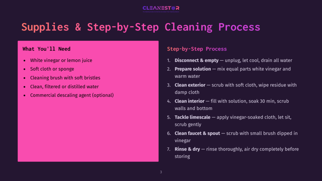 A Dark Purple Slide Titled &Quot;Supplies &Amp; Step-By-Step Cleaning Process&Quot; Lists Cleaning Supplies Like White Vinegar And Soft Cloths, And Outlines Steps To Clean Faucets And Exteriors.