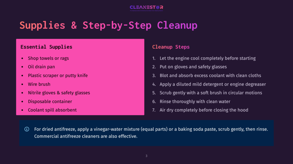 Supplies &Amp; Step-By-Step Cleanup: Essential Supplies Like Gloves, Wire Brush, And Shop Towels Are Listed Alongside Cleanup Steps For Engine Degreasing And Antifreeze Removal.