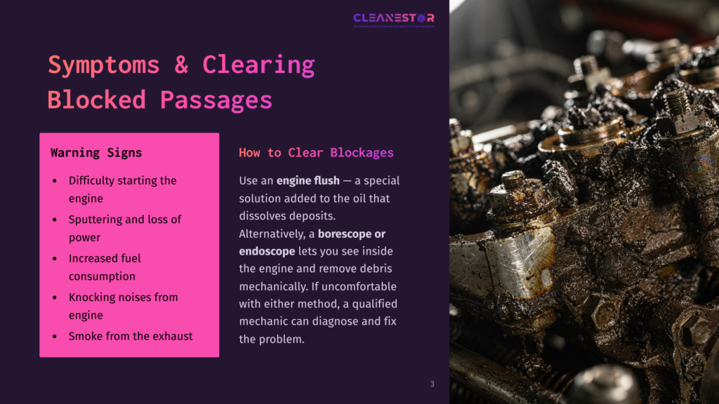 3 Symptoms And Clearing Blocked Passages Close-Up Of A Heavily Soiled Engine With Thick, Black Sludge And Oil Obscuring Internal Parts, Illustrating A Severe Blockage. Text On The Left Lists &Quot;Symptoms &Amp; Clearing Blocked Passages,&Quot; Including &Quot;Difficulty Starting The Engine,&Quot; &Quot;Sputtering And Loss Of Power,&Quot; And &Quot;Smoke From The Exhaust.