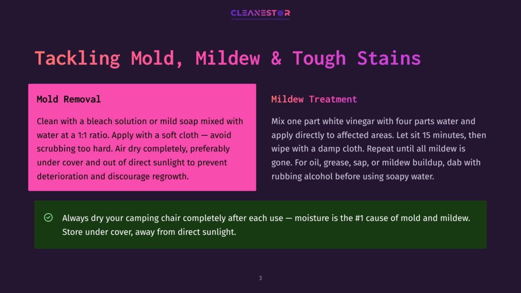 Infographic Section Titled &Quot;Tackling Mold, Mildew &Amp; Tough Stains&Quot; Displays Two Parts: Mold Removal And Mildew Treatment. Mold Removal Suggests Using A Bleach Solution Or Mild Soap Mixed With Water At A 1:1 Ratio, Applied With A Soft Cloth, And Air-Dried To Prevent Deterioration. Mildew Treatment Involves Mixing White Vinegar And Water, Applying To Affected Areas, Letting It Sit For 15 Minutes, And Wiping With A Damp Cloth Until The Mildew Is Gone.