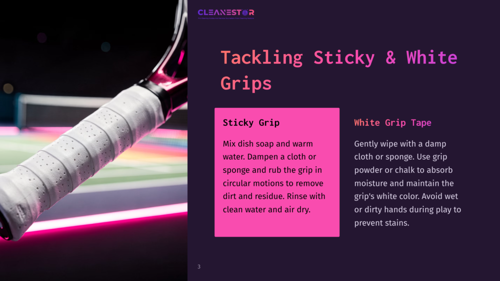 A Tennis Racket Grip Illuminated By Pink And Purple Lights, Focusing On The Sticky And White Grips, With Text Overlays Explaining How To Clean Sticky And White Grip Tape.