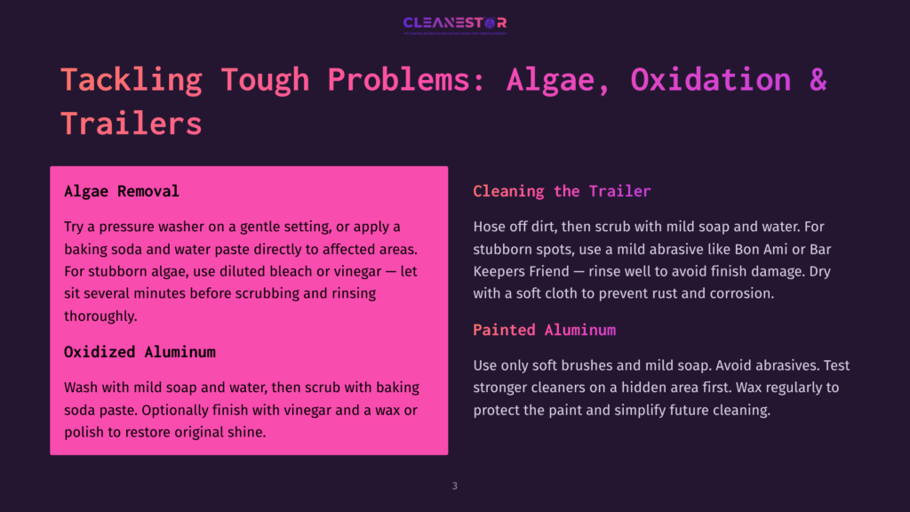 Cleanestor Logo At The Top Of A Dark Background With Text About Tackling Algae, Oxidation, And Trailer Problems, And Cleaning The Trailer.