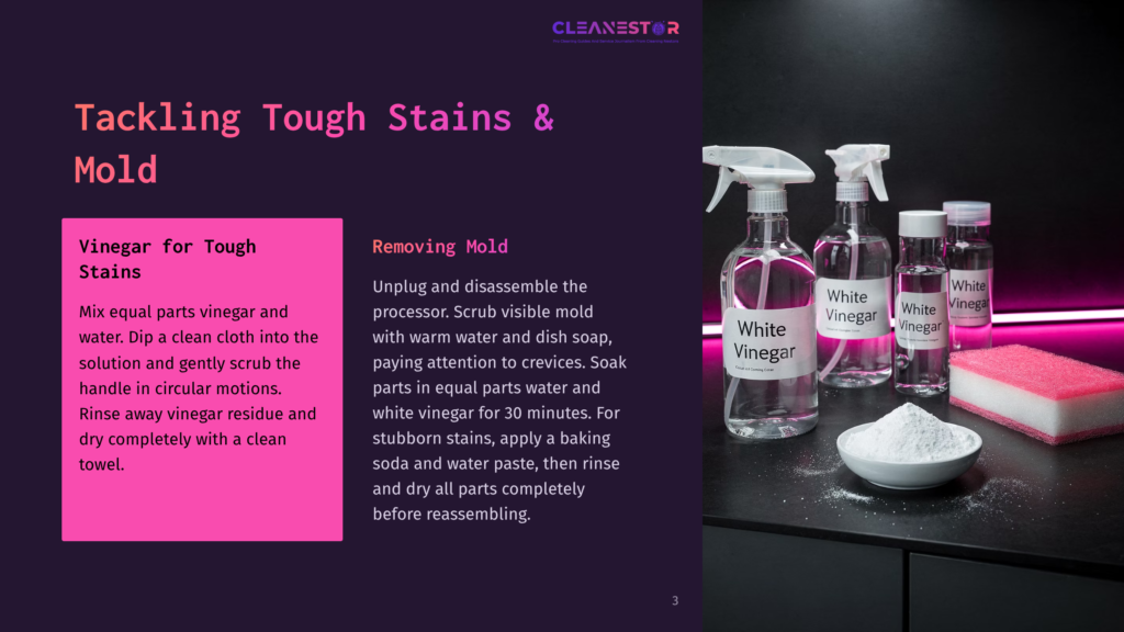 Three Bottles Of &Quot;White Vinegar&Quot; Cleaning Solution And A Pink Scrubbing Sponge Sit On A Dark Countertop, With A White Powder In A Small Dish. The Bottles Are In Focus, With The Text &Quot;Cleanestar&Quot; Visible At The Top Of The Image.