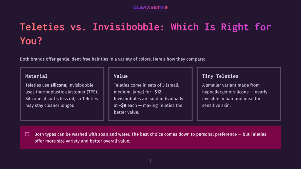 Comparison Of Teleties Vs. Invisibobble Hair Ties: Teleties Are Silicone, Invisibobble Are Thermoplastic Elastomer. Teleties Are Washable And Come In More Sizes.