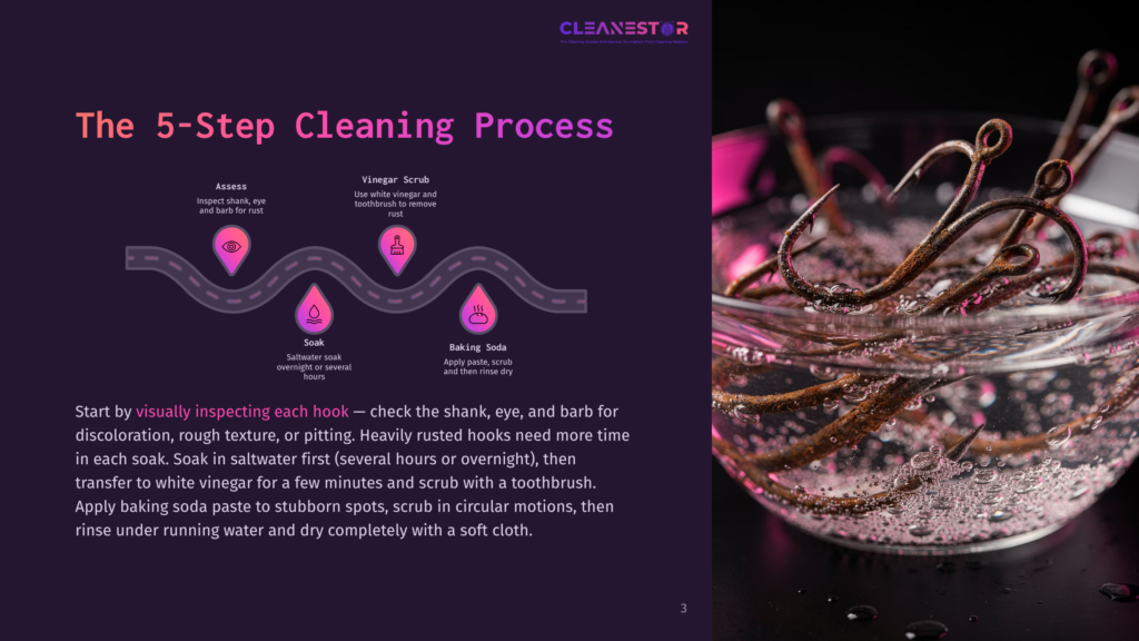3 The 5 Step Cleaning Process 1 Close-Up Of Rusty Fishing Hooks Submerged In A Clear Bowl Of Water, With Bubbles Rising. The Image Illustrates A Cleaning Process, Showing The Need For Rust Removal On Fishing Gear.
