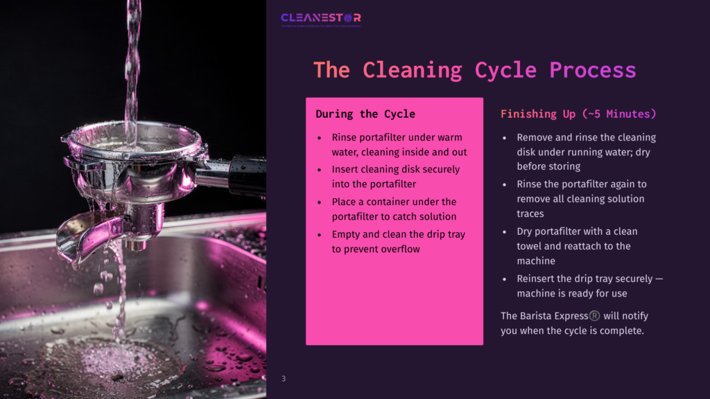 3 The Cleaning Cycle Process Close-Up Of A Coffee Portafilter Being Rinsed Under Running Water, With Pink And Purple Lighting Highlighting The Water Spray And Metal. The Image Is Part Of A Presentation Titled &Quot;The Cleaning Cycle Process&Quot; By Cleanestor.