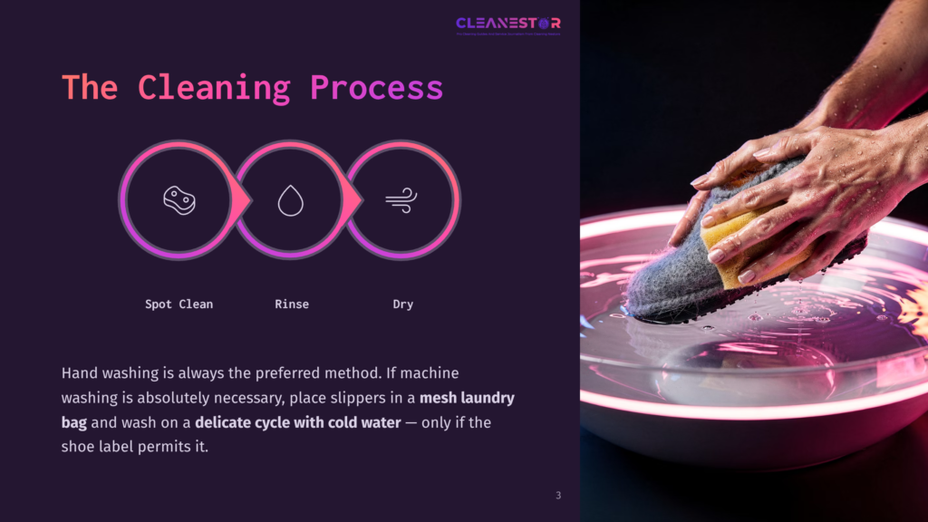 Illustration Showing The Three Steps Of The Cleaning Process: Spot Clean, Rinse, And Dry, With Icons Representing Each Stage. Text Reads &Quot;Cleanestor&Quot; And &Quot;The Cleaning Process&Quot;.