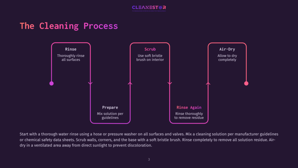 3 The Cleaning Process The Cleaning Process Illustrated With A Flowchart: Rinse, Prepare, Scrub, Rinse Again, And Air-Dry, With Text Descriptions For Each Step.