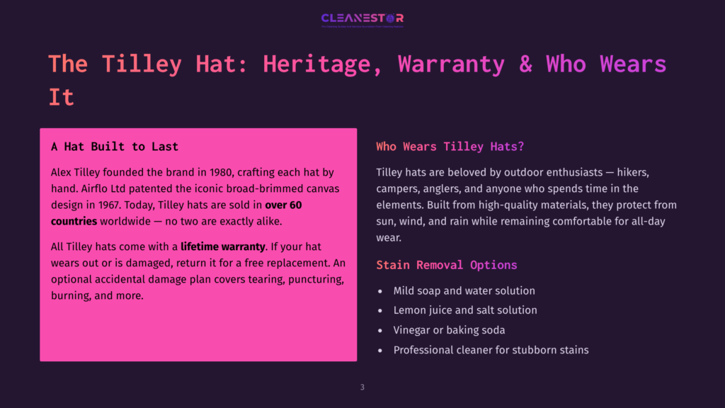 3 The Tilley Hat Heritage Warranty And Who Wears It A Deep Purple Background Displays Text About The Tilley Hat: &Quot;The Tilley Hat: Heritage, Warranty &Amp; Who Wears It.&Quot; Sections Highlight &Quot;A Hat Built To Last&Quot; And &Quot;Who Wears Tilley Hats?&Quot;, Along With &Quot;Stain Removal Options.