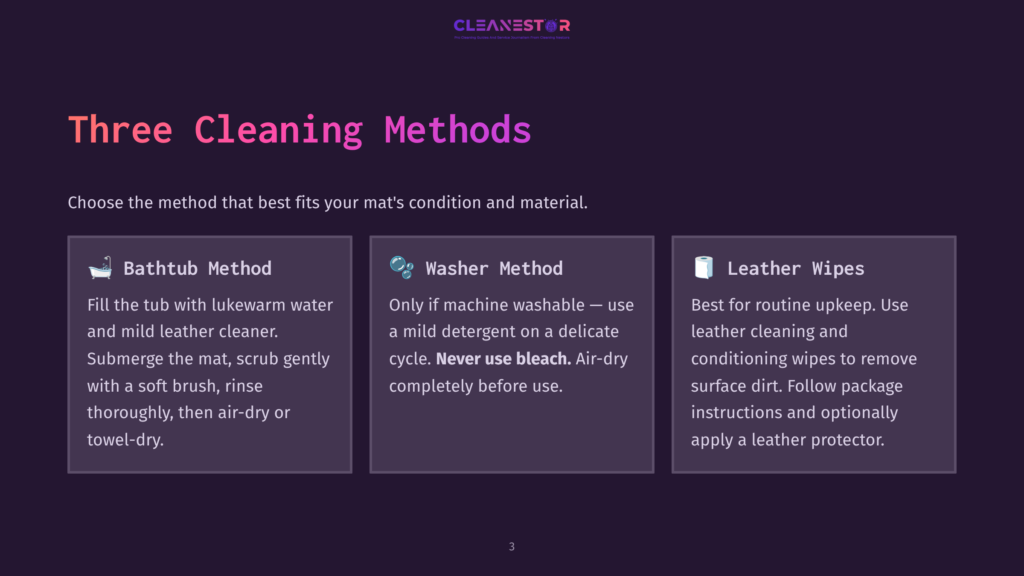 Three Cleaning Methods For Mats: Bathtub Method, Washer Method, And Leather Wipes, With Instructions For Each.