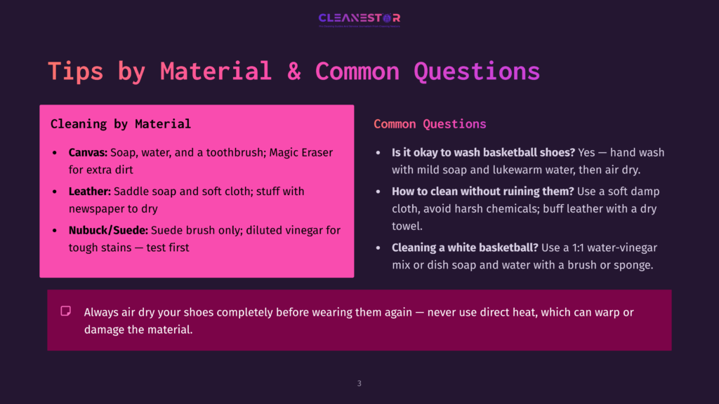 A Dark Purple Slide With &Quot;Cleanestor&Quot; Logo At The Top, Featuring Text About Cleaning Materials And Common Questions, Including Tips For Canvas, Leather, And Nubuck/Suede Shoes.
