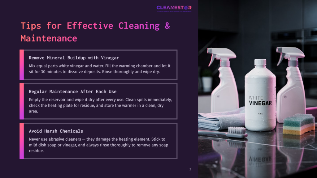 A Countertop Displays Two White Cleaning Bottles Labeled &Quot;White Vinegar&Quot; Next To A Sponge And A Toothbrush, With A Blurred Background Of A Kitchen And A Poster.