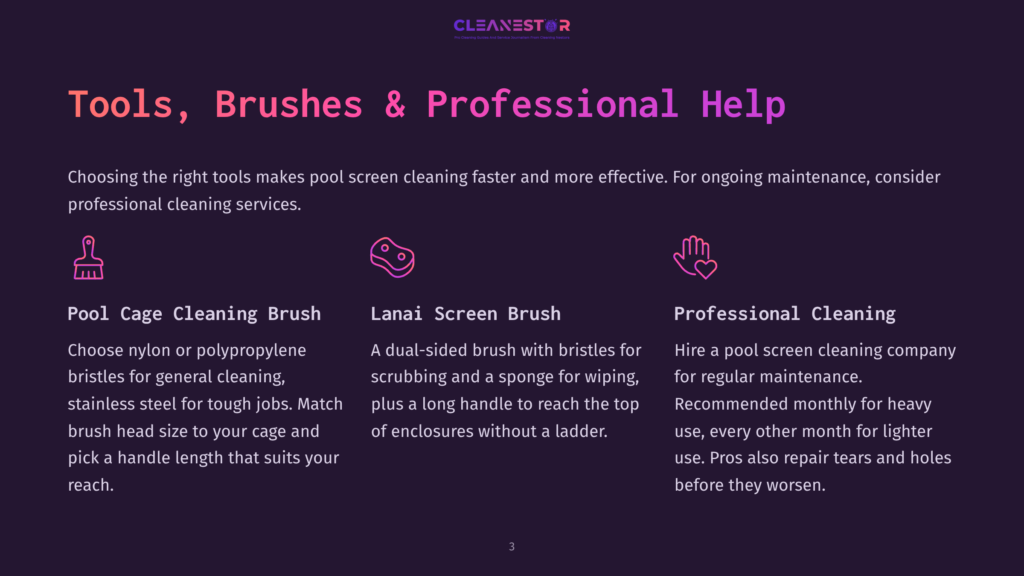 Illustration Of Three Pool Cleaning Tools: A Brush For Pool Cage Cleaning, A Dual-Sided Lanai Screen Brush, And A Professional Cleaning Service Icon, With Text Describing Their Uses.