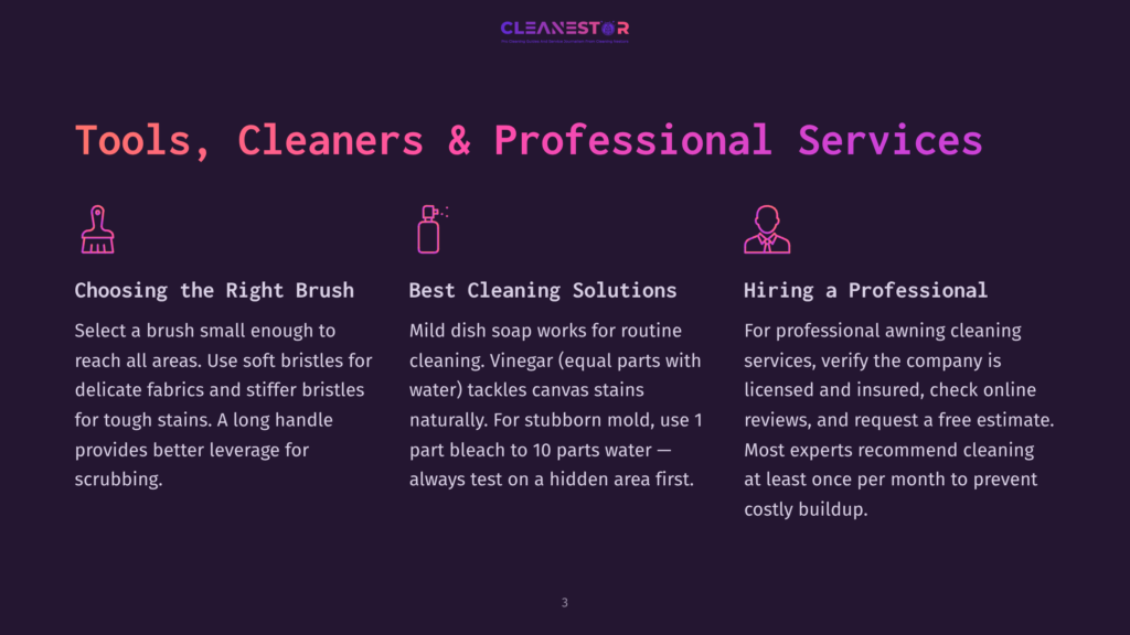 A Dark Purple Background With The Title &Quot;Tools, Cleaners &Amp; Professional Services&Quot; In Large White Text. Below Are Three Columns With Icons And Text: &Quot;Choosing The Right Brush,&Quot; &Quot;Best Cleaning Solutions,&Quot; And &Quot;Hiring A Professional.