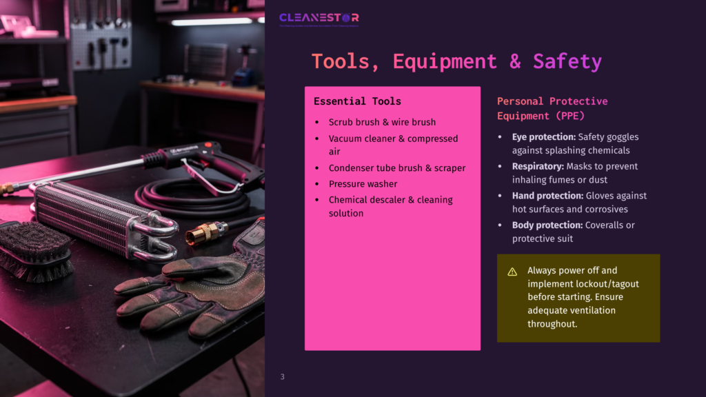 Cleaning Equipment And Personal Protective Gear Laid Out, Including A Pressure Washer, Brushes, Gloves, And Safety Goggles, With A &Quot;Cleanestor&Quot; Logo Visible.