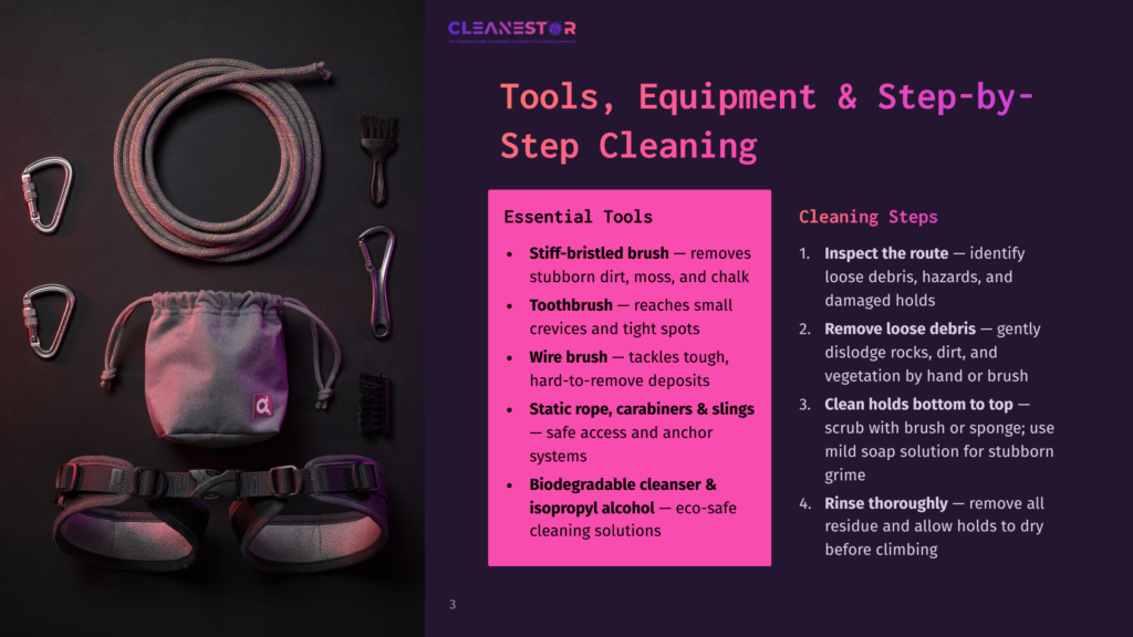 Cleaning Supplies For Step-By-Step Cleaning: A Stiff-Bristled Brush, Toothbrush, Wire Brush, Static Rope, Carabiners, Anchor Systems, And Biodegradable Cleaner In A Pouch, Alongside Sandals.