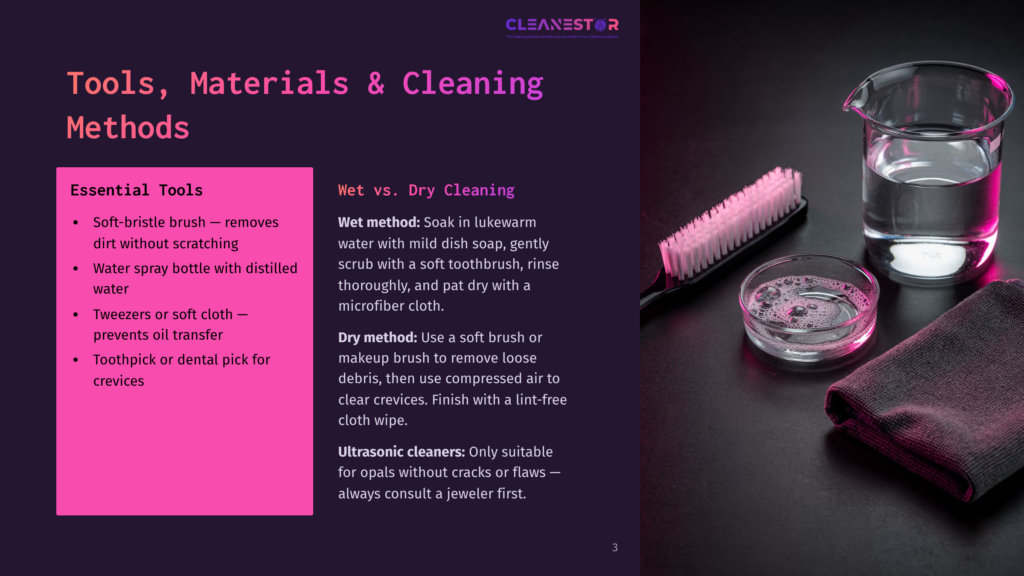 3 Tools Materials And Cleaning Methods A Beaker Of Water, A Small Dish Of Soapy Water With A Toothbrush, And A Microfiber Cloth Are Arranged On A Dark Surface, Illustrating Cleaning Methods.