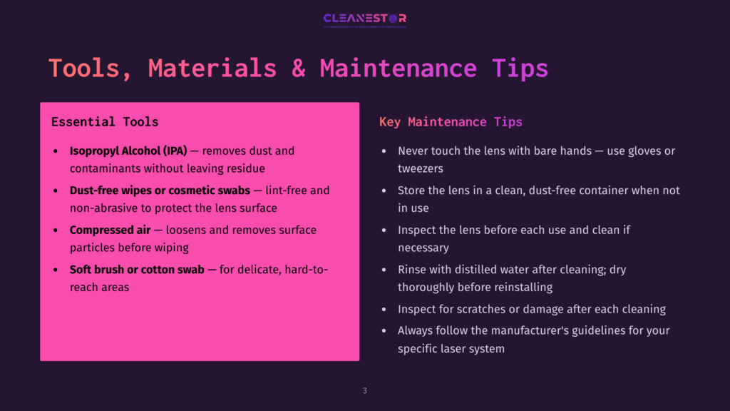 A Presentation Slide Titled &Quot;Tools, Materials &Amp; Maintenance Tips&Quot; Lists Essential Cleaning Tools Like Isopropyl Alcohol, Dust-Free Wipes, Compressed Air, And Soft Brushes, Alongside Maintenance Tips For Cleaning Lenses.