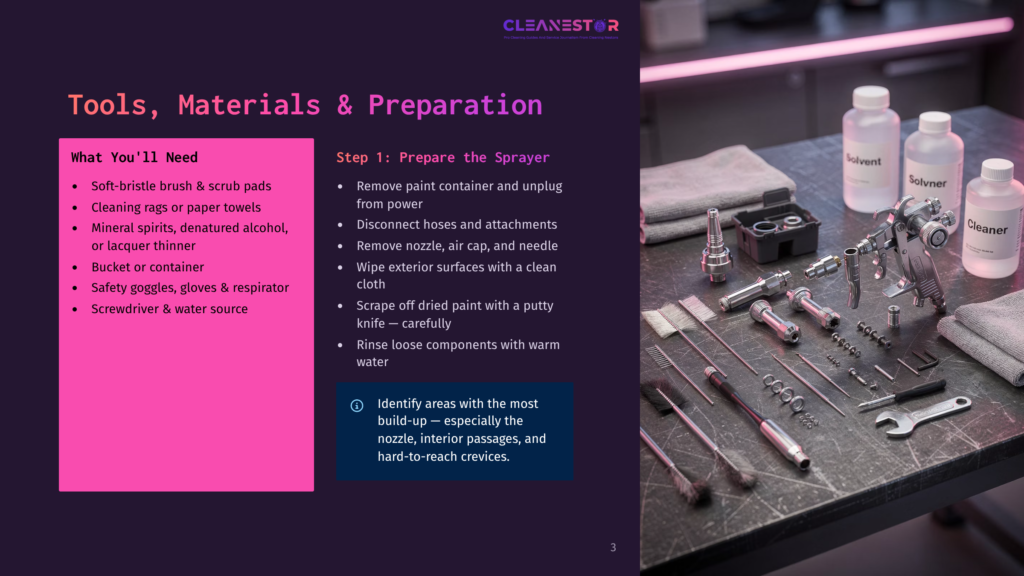 A Workbench Displays Tools And Supplies For Cleaning A Paint Sprayer, Including A Sprayer, Solvents, Cloths, And Brushes. Text Lists &Quot;Tools, Materials &Amp; Preparation&Quot; And &Quot;Step 1: Prepare The Sprayer.