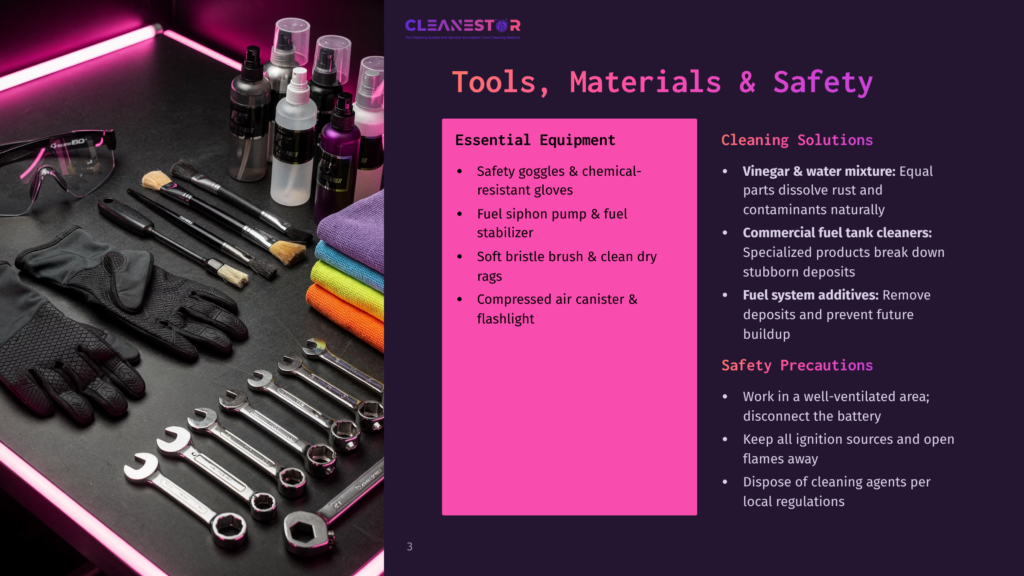 Cleanestor Tools, Materials, And Safety Guide: Safety Goggles, Gloves, Fuel Siphon Pump, Brush, And Compressed Air Canister.