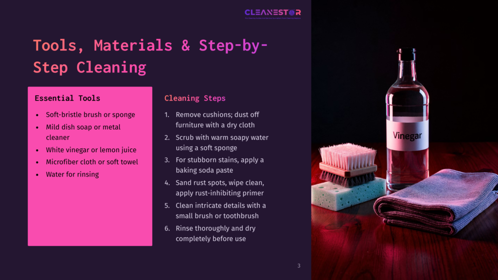 3 Tools Materials And Step By Step Cleaning Cleaning Supplies Including A Bottle Of Vinegar, A Brush, And A Sponge Are Displayed On A Wooden Table With A Dark Background. The Table Also Has A Folded Towel And A Cleaning Step-By-Step Guide With Essential Tools.