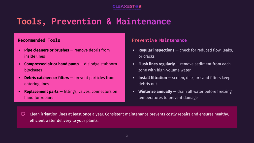 Cleanestor Slide On Pipe Cleaning, Prevention, And Maintenance, Detailing Recommended Tools Like Pipe Cleaners And Compressed Air, And Preventive Maintenance Steps Such As Regular Inspections And Filter Cleaning.