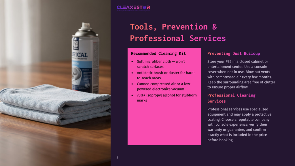 A Can Of Cleaning Spray And Microfiber Cloths Rest On A Wooden Table, Next To A Playstation Console. The Text &Quot;Cleanestor&Quot; And &Quot;Tools, Prevention &Amp; Professional Services&Quot; Is Visible.