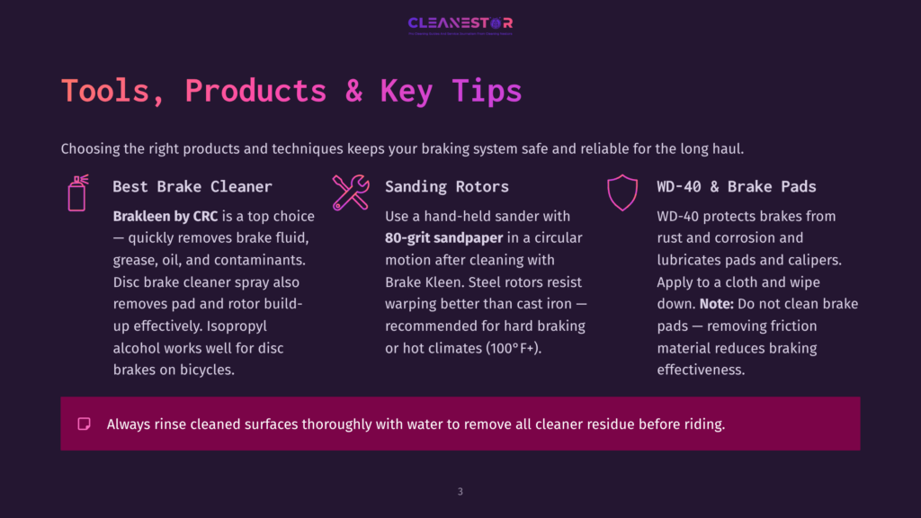 Tools, Products &Amp; Key Tips: A Graphic Detailing Brake Cleaning With Icons For A Spray Can, Sandpaper, And A Shield. Text Covers Best Brake Cleaner, Sanding Rotors, And Wd-40 &Amp; Brake Pads, With A Note About Rinsing Surfaces.