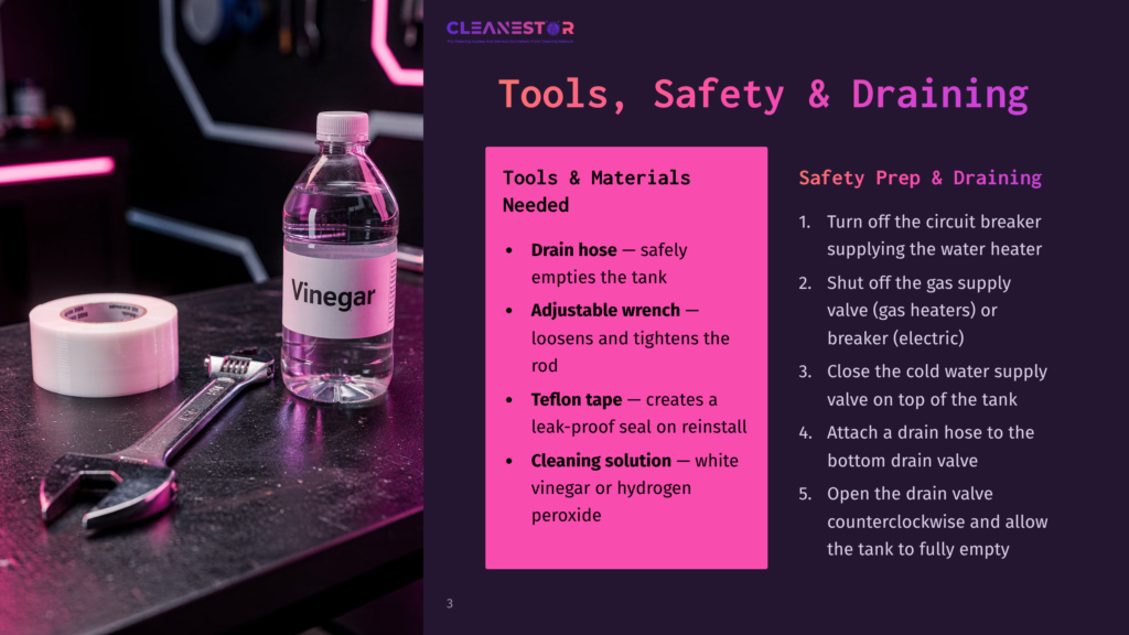 A Bottle Of Vinegar Sits On A Workbench Next To A Wrench And White Tape, With A Cleansestor Logo And &Quot;Tools, Safety &Amp; Draining&Quot; Text Overlayed On The Right Side Of The Image.