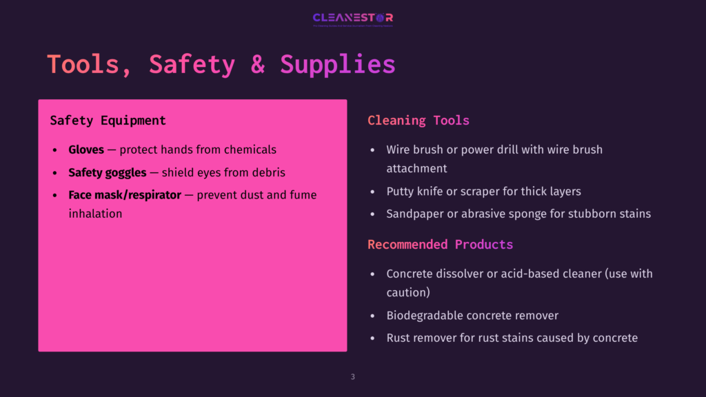 A Dark Purple Slide Titled &Quot;Tools, Safety &Amp; Supplies&Quot; Lists Safety Equipment Like Gloves And Face Masks, And Cleaning Tools Such As Wire Brushes And Scrapers, With A &Quot;Cleanestor&Quot; Logo At The Top.