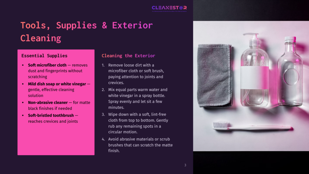 Cleaning Supplies For Exterior Surfaces: A Microfiber Cloth, A Spray Bottle With Cleaning Solution, A Bottle Of White Vinegar, And A Toothbrush, Arranged On A Dark Background.